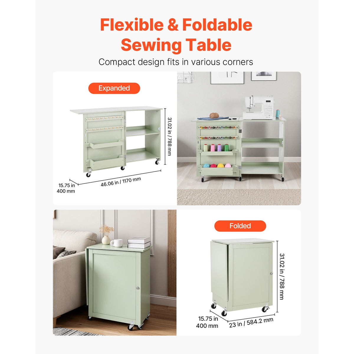 Folding Sewing Table, Multipurpose Sewing Machine Table with Compact Design, Wheels, Wooden Pegs, Storage Trays and Shelf, Magnetic Door Lock, Craft Station and Side Desk for Home, Light Green