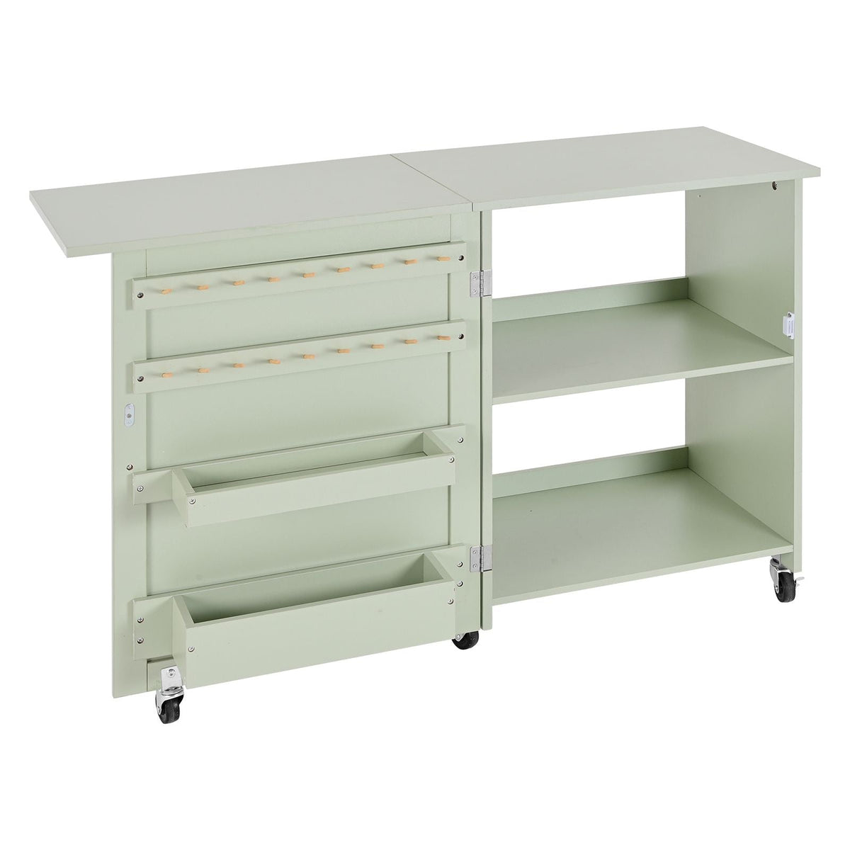 Folding Sewing Table, Multipurpose Sewing Machine Table with Compact Design, Wheels, Wooden Pegs, Storage Trays and Shelf, Magnetic Door Lock, Craft Station and Side Desk for Home, Light Green