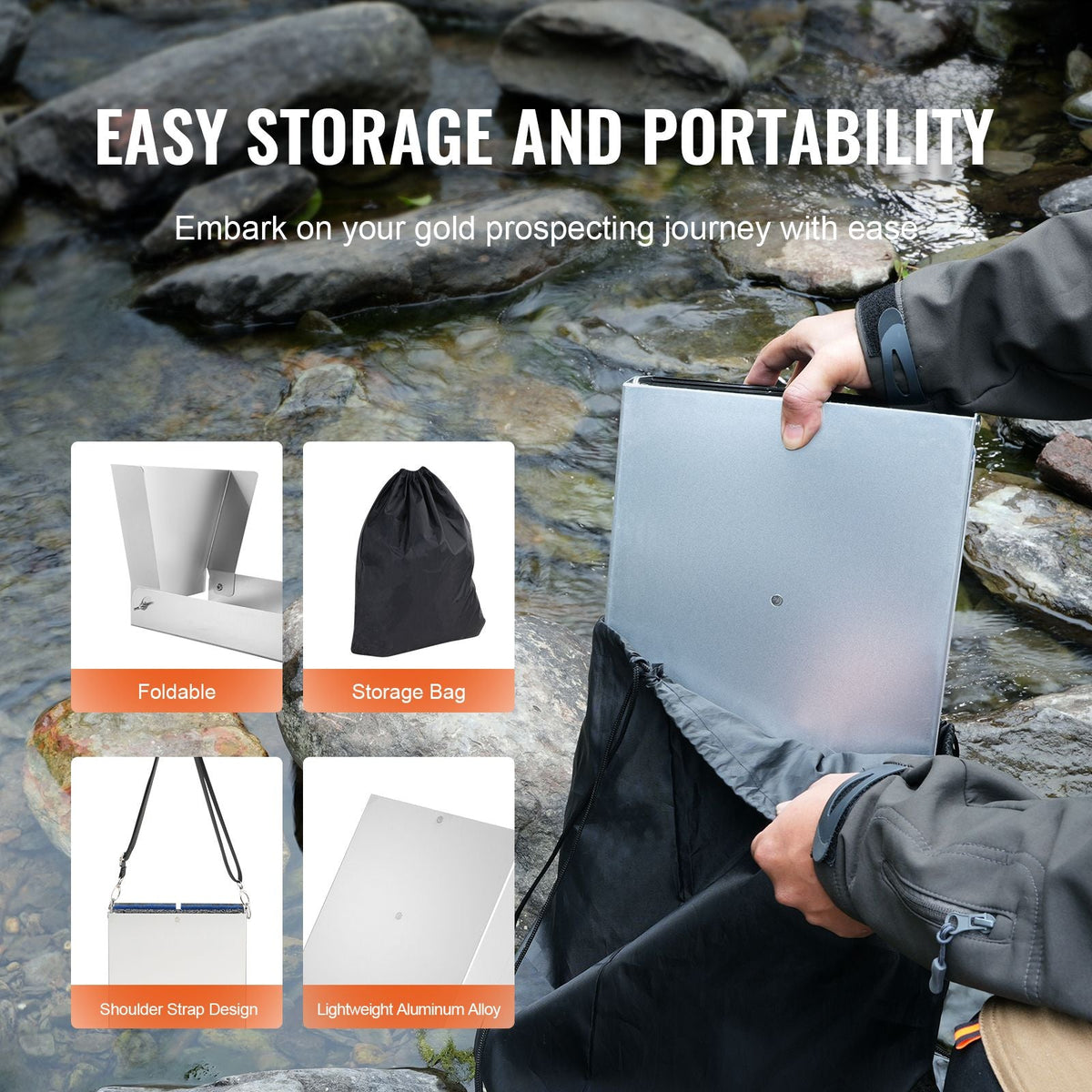 Folding Sluice Box Gold Panning Kit, 50 Inch 23pc Gold Prospecting Equipment Kit with Gold Pan, Classifier Screen, Separating Magnet, Backpack and More