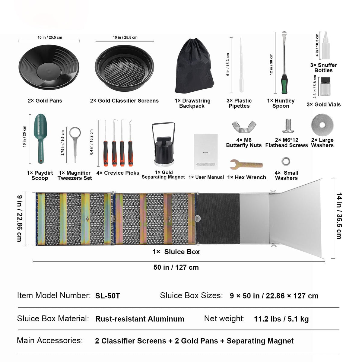 Folding Sluice Box Gold Panning Kit, 50 Inch 23pc Gold Prospecting Equipment Kit with Gold Pan, Classifier Screen, Separating Magnet, Backpack and More