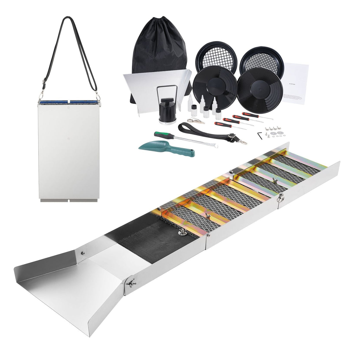 Folding Sluice Box Gold Panning Kit, 50 Inch 23pc Gold Prospecting Equipment Kit with Gold Pan, Classifier Screen, Separating Magnet, Backpack and More