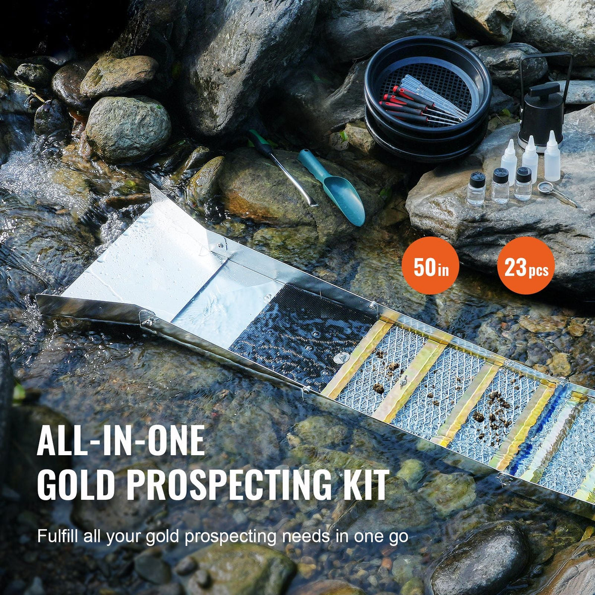 Folding Sluice Box Gold Panning Kit, 50 Inch 23pc Gold Prospecting Equipment Kit with Gold Pan, Classifier Screen, Separating Magnet, Backpack and More