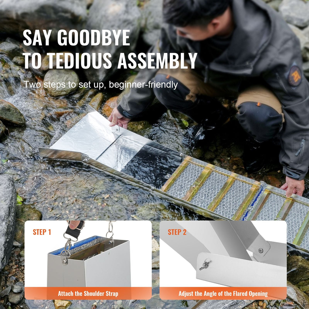 Folding Sluice Box Gold Panning Kit, 50 Inch 23pc Gold Prospecting Equipment Kit with Gold Pan, Classifier Screen, Separating Magnet, Backpack and More