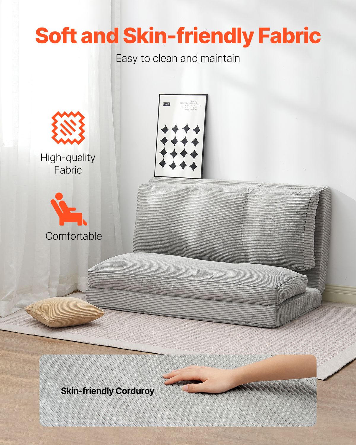 Folding Sofa Bed, 3-in-1 Foldable Couch Bed with Washable Cover, 25D High Density Memory Foam Convertible Sleeper Chair Bed, Futon Couch for Living Room, Bedroom, Guest, Light Grey(Full)