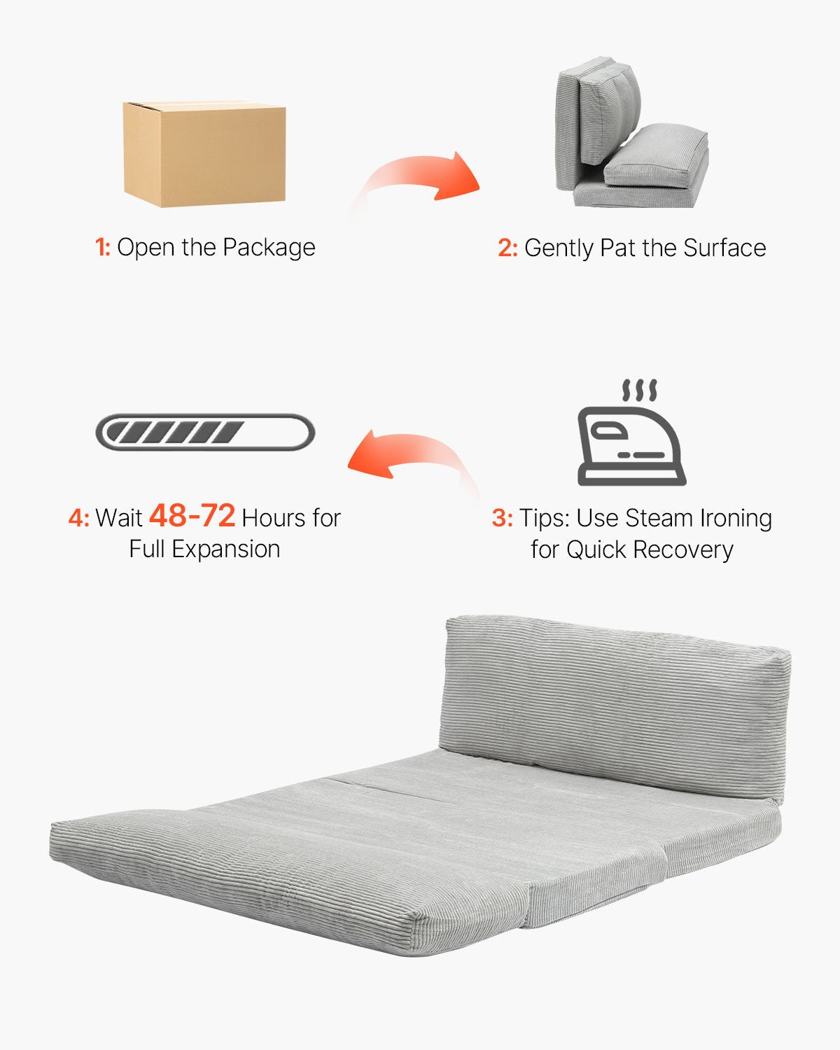 Folding Sofa Bed, 3-in-1 Foldable Couch Bed with Washable Cover, 25D High Density Memory Foam Convertible Sleeper Chair Bed, Futon Couch for Living Room, Bedroom, Guest, Light Grey(Full)