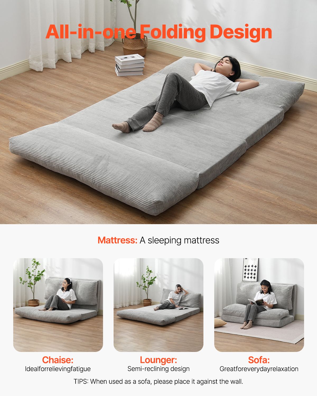 Folding Sofa Bed, 3-in-1 Foldable Couch Bed with Washable Cover, 25D High Density Memory Foam Convertible Sleeper Chair Bed, Futon Couch for Living Room, Bedroom, Guest, Light Grey(Full)