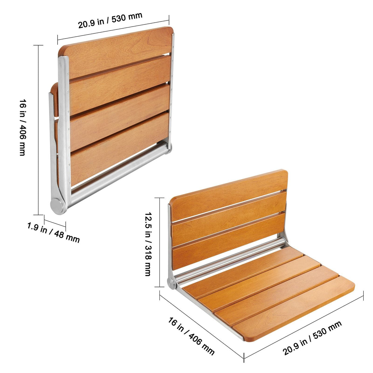 Folding Teak Shower Seat, 20.9 x 16'' Unfolded, Wall Mounted Fold Up Shower Bench with 500 lbs Load Capacity, Space Saving Home Care Fold Down Shower Chair, for Seniors Pregnant Women Children