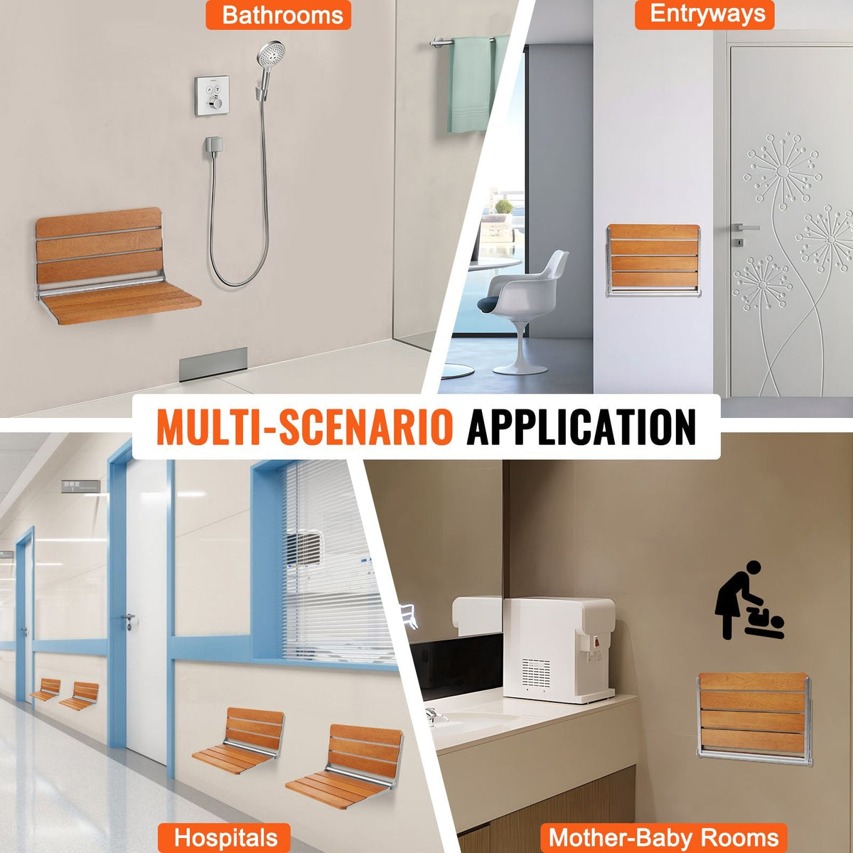 Folding Teak Shower Seat, 20.9 x 16'' Unfolded, Wall Mounted Fold Up Shower Bench with 500 lbs Load Capacity, Space Saving Home Care Fold Down Shower Chair, for Seniors Pregnant Women Children