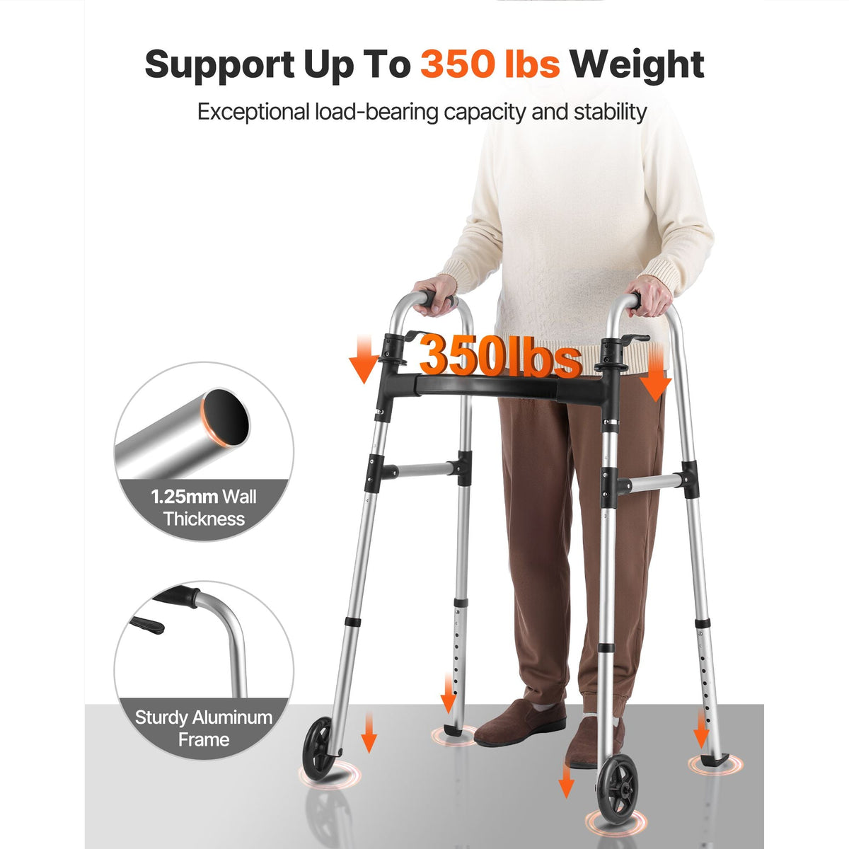 Folding Walker, 2-Button Foldable Walker with 5" Wheels & 8-Level Adjustable Height, 350LBS Loading Lightweight Aluminum Mobility Walking Aid, Front-Wheeled Rolling Walkers for Seniors Adults