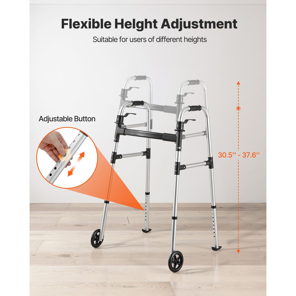 Folding Walker, 2-Button Foldable Walker with 5" Wheels & 8-Level Adjustable Height, 350LBS Loading Lightweight Aluminum Mobility Walking Aid, Front-Wheeled Rolling Walkers for Seniors Adults