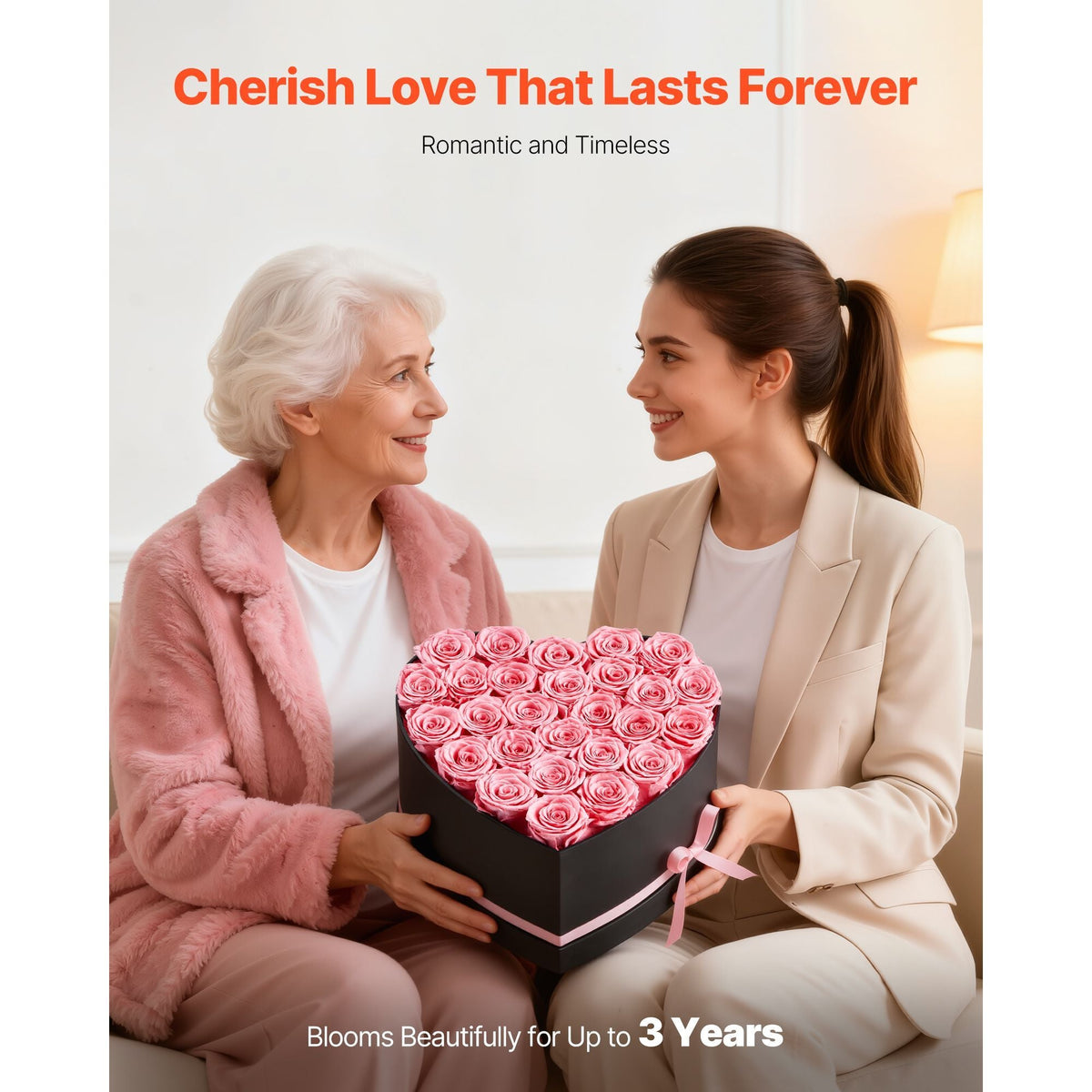Forever Flowers, 27 Preserved Roses in a Heart Shape Box, Eternal Flowers Immortal Bouquet Birthday Present for Women Her Wife Mothers, Anniversary, Valentine's Day,Christmas, Pink