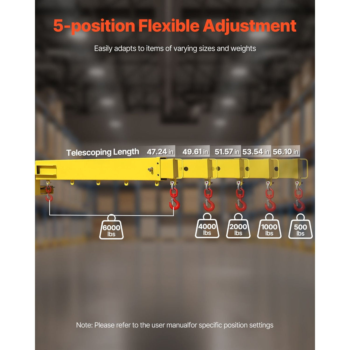 Forklift Jib Boom Crane, 6000lbs Capacity, Manual Telescoping Boom Extends Up to 56.1 inches, Forklift Mobile Crane with 2 Hooks, Adjustable Forklift Crane Attachment for Warehouse, Factories