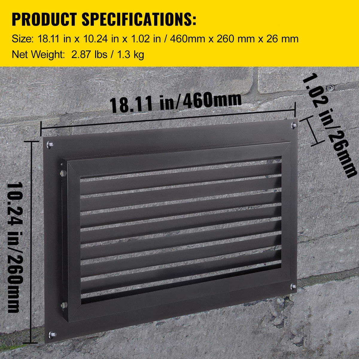 Foundation Flood Vent, 8\" Height x 16\" Width Flood Vent, to Reduce Foundation Damage and Flood Risk, Black, Wall Mounted Flood Vent, for Garages & Full Height Enclosures