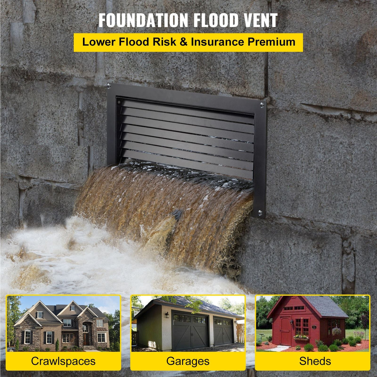 Foundation Flood Vent, 8\" Height x 16\" Width Flood Vent, to Reduce Foundation Damage and Flood Risk, Black, Wall Mounted Flood Vent, for Garages & Full Height Enclosures