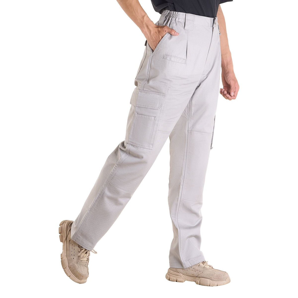 FR Pants for Men, 9 oz 100% Cotton, Flame-Resistant Cargo Pants with Multi-Pockets and Elastic Waist, Reinforced Tear-proof Stitching, Ideal for Welding Work and Casual Wear, XXL Size, Gray