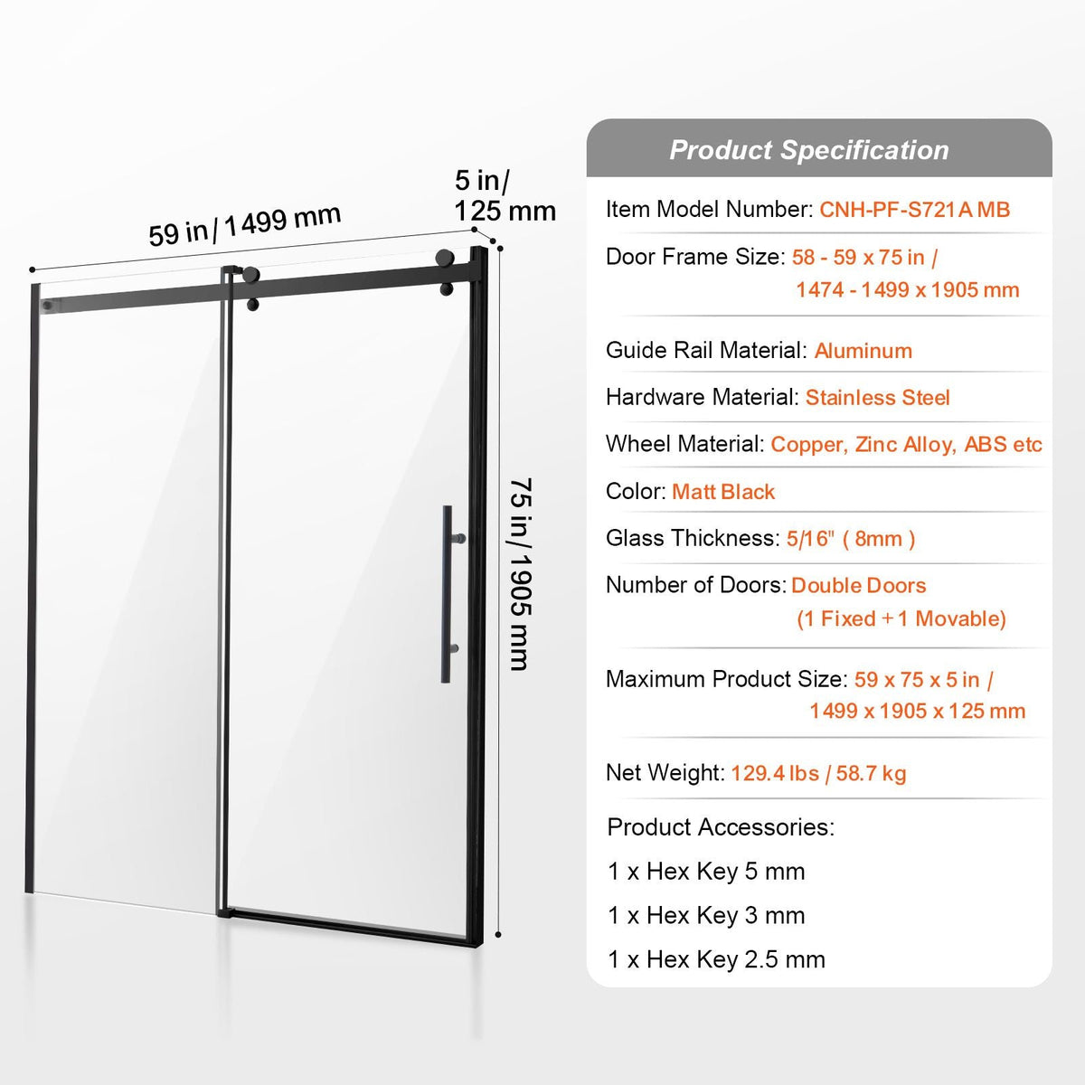 Frameless Shower Door, 58-59 W x 75 H in, Shower Sliding Glass Door with 5/16 in(8mm) Clear SGCC Tempered Glass, Waterproof Shatterproof Stainproof with Stainless Steel Hardware, Matte Black