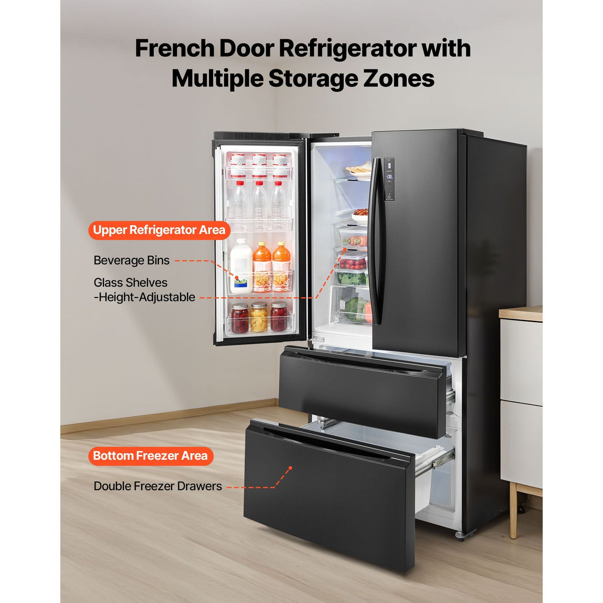 French Door Refrigerator, 18.9 Cu. Ft. Kitchen Fridge, Counter Depth French Refrigerator with LED Display and 4 Casters, Frost-Free Bottom Freezer Refrigerators for Home & Commercial Use, Black