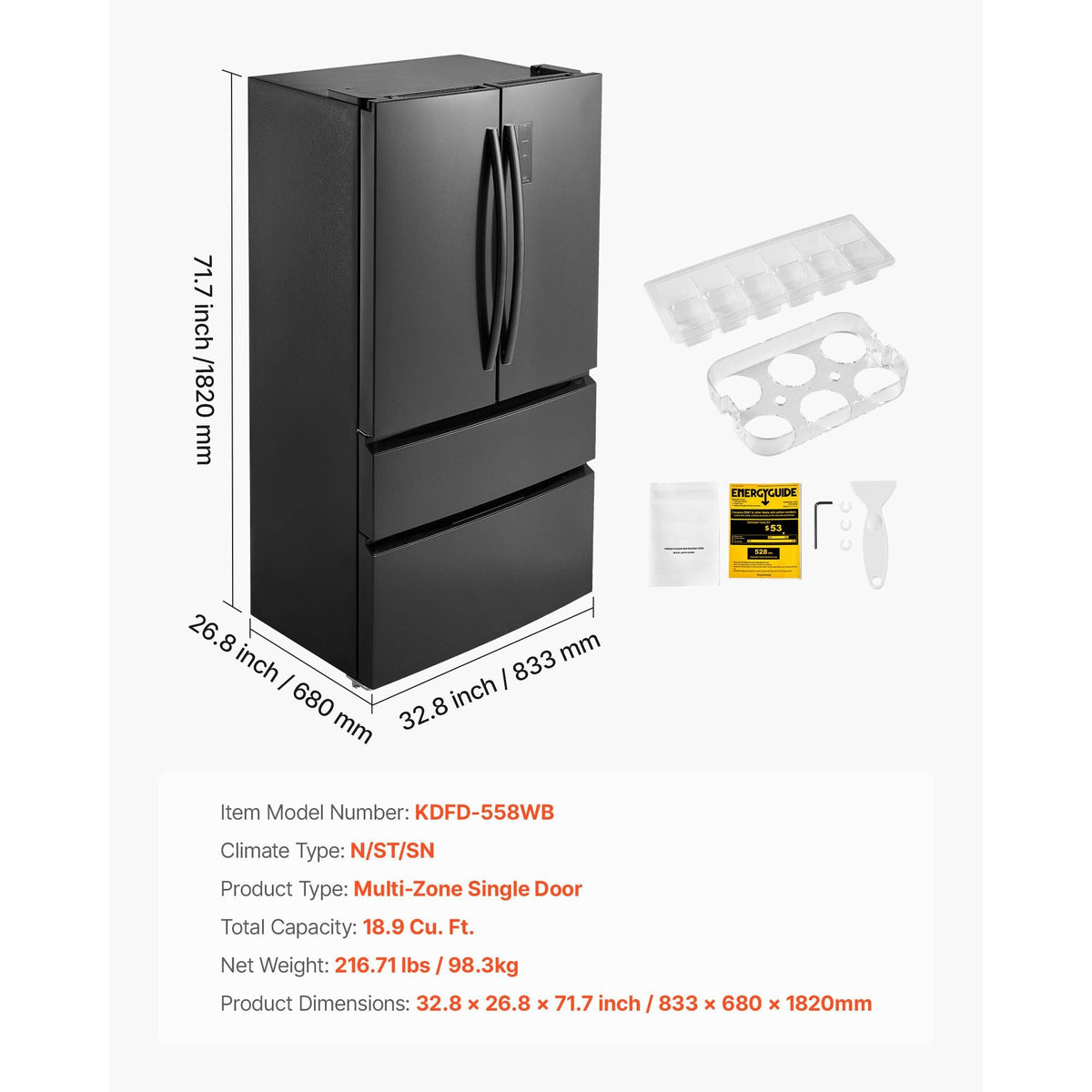 French Door Refrigerator, 18.9 Cu. Ft. Kitchen Fridge, Counter Depth French Refrigerator with LED Display and 4 Casters, Frost-Free Bottom Freezer Refrigerators for Home & Commercial Use, Black