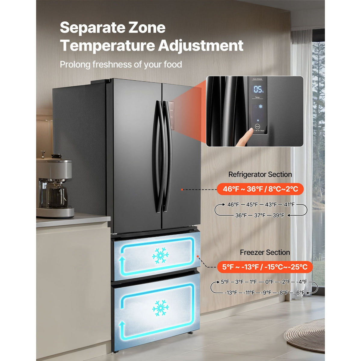 French Door Refrigerator, 18.9 Cu. Ft. Kitchen Fridge, Counter Depth French Refrigerator with LED Display and 4 Casters, Frost-Free Bottom Freezer Refrigerators for Home & Commercial Use, Black