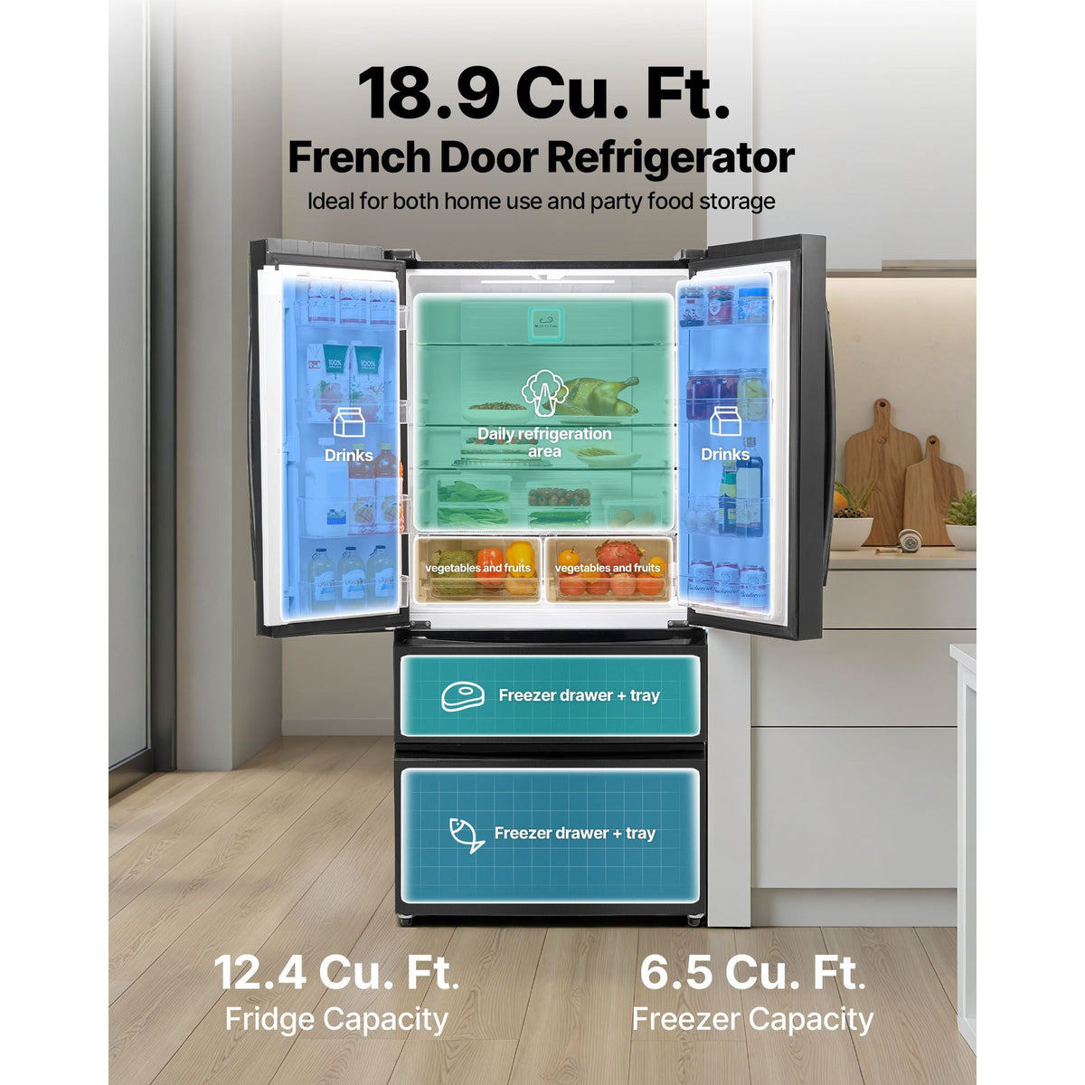French Door Refrigerator, 18.9 Cu. Ft. Kitchen Fridge, Counter Depth French Refrigerator with LED Display and 4 Casters, Frost-Free Bottom Freezer Refrigerators for Home & Commercial Use, Black