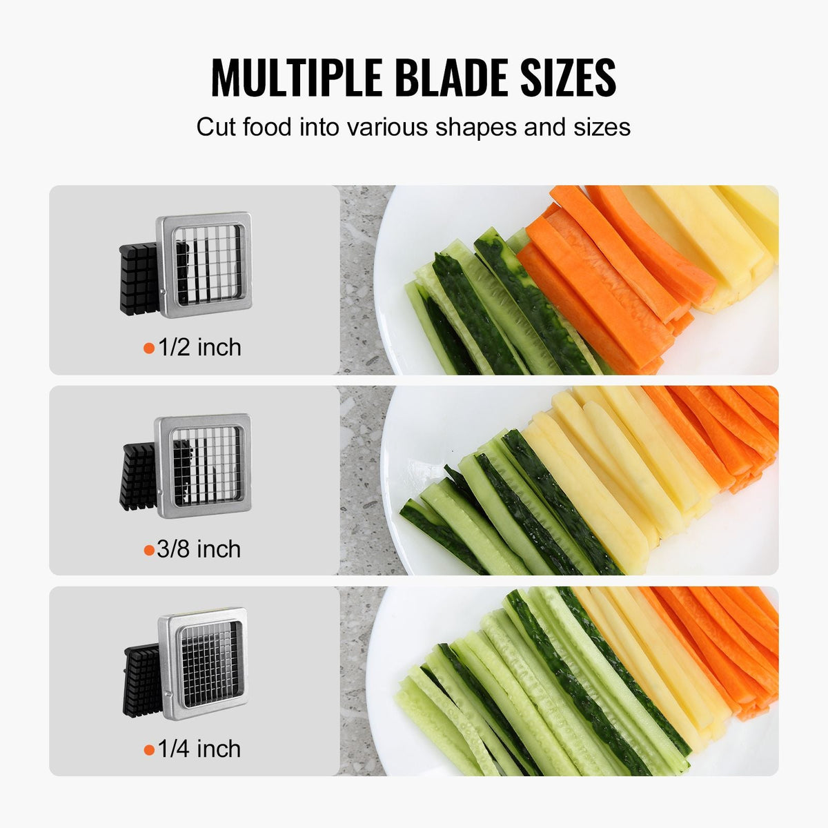 French Fry Cutter, Potato Slicer with 1/2" 3/8" 1/4" Stainless Steel Blades, Manual Potato Cutter Chopper with Suction Cups, Great for Potato, French Fries, Cucumber, Vegetables, Carrot