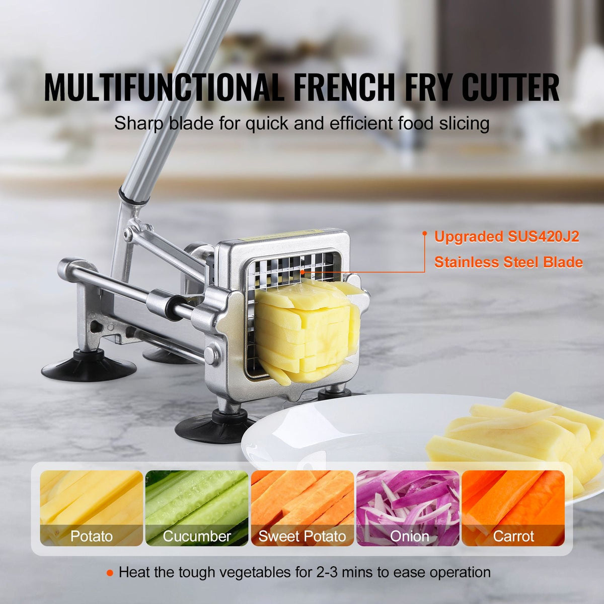 French Fry Cutter, Potato Slicer with 1/2" 3/8" 1/4" Stainless Steel Blades, Manual Potato Cutter Chopper with Suction Cups, Great for Potato, French Fries, Cucumber, Vegetables, Carrot