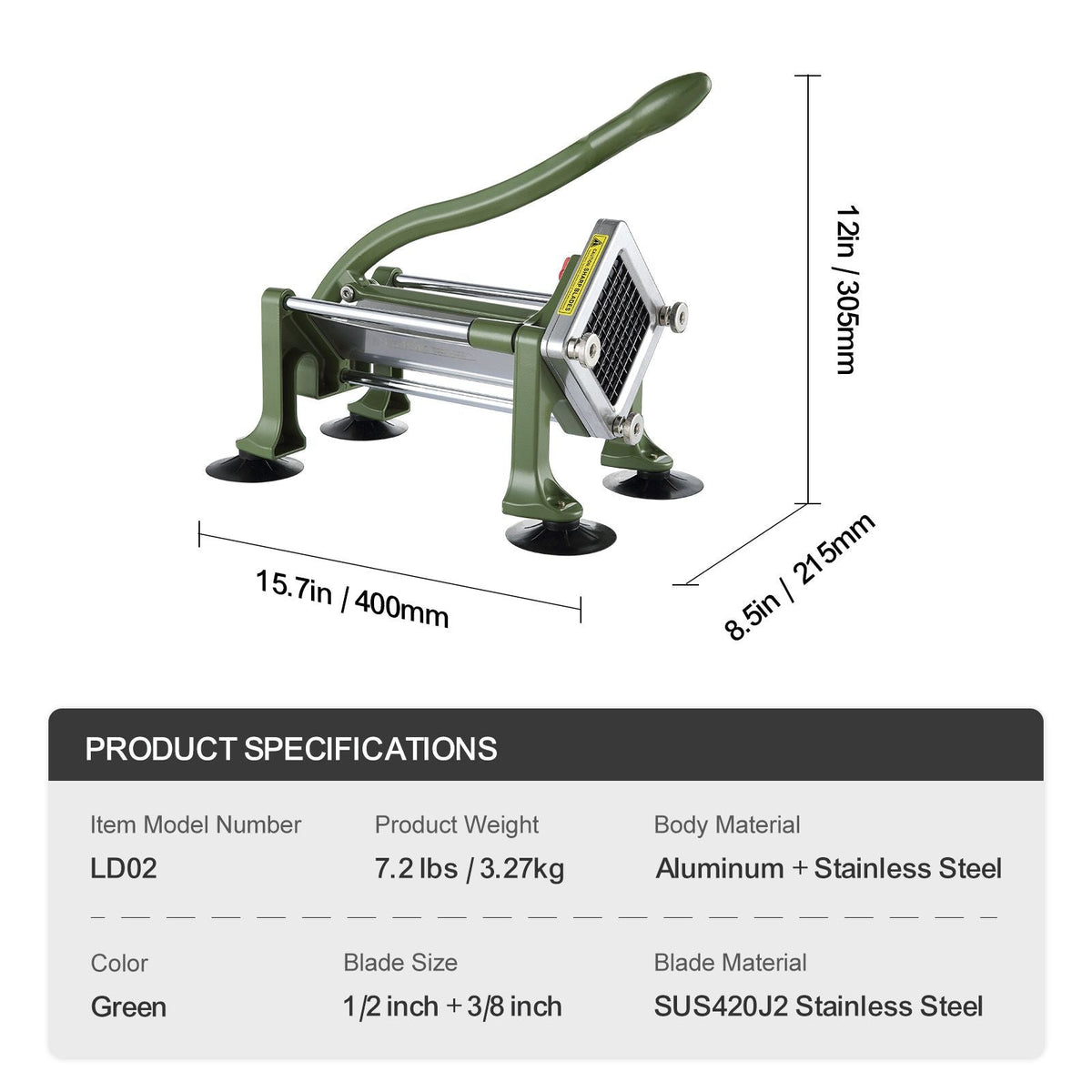 French Fry Cutter, Potato Slicer with 1/2-Inch and 3/8-Inch Stainless Steel Blades, Manual Potato Cutter Chopper with Suction Cups, Great for Potato, French Fries, Cucumber, Vegetables, Carrot