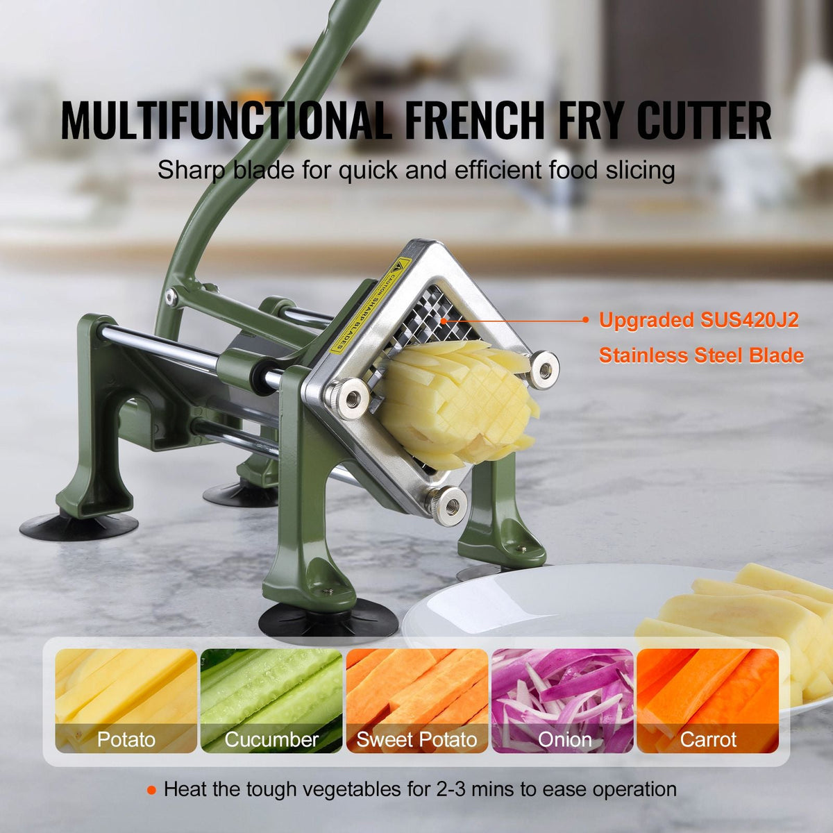 French Fry Cutter, Potato Slicer with 1/2-Inch and 3/8-Inch Stainless Steel Blades, Manual Potato Cutter Chopper with Suction Cups, Great for Potato, French Fries, Cucumber, Vegetables, Carrot