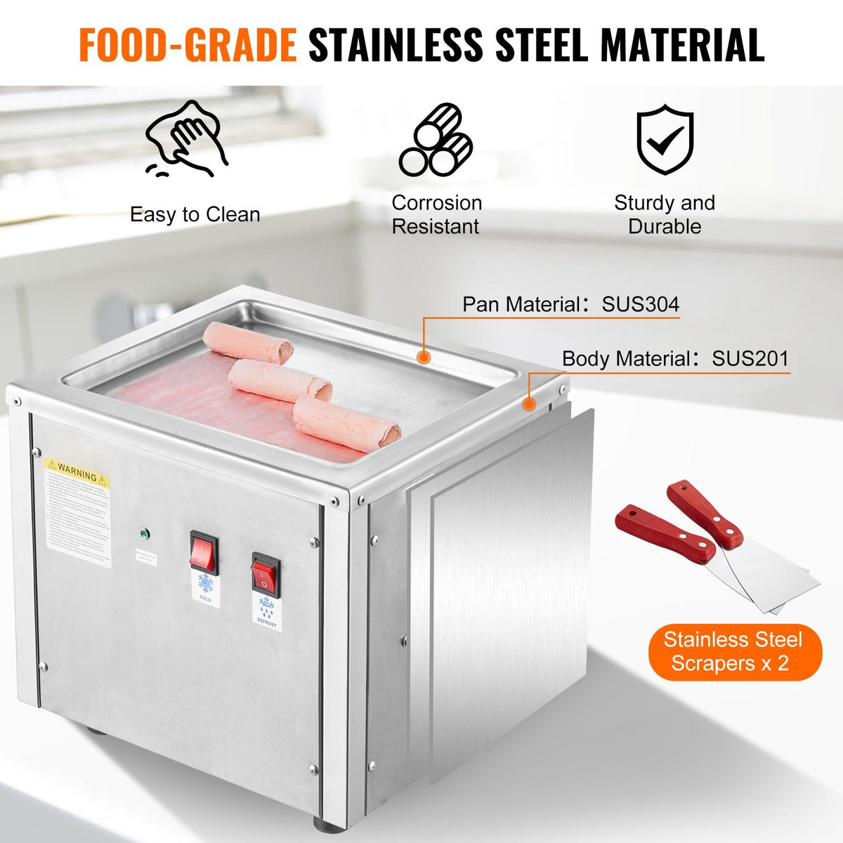 Fried Ice Cream Roll Machine, 11" x 9.5" Stir-Fried Ice Cream Pan, Stainless Steel Rolled Ice Cream Maker with Compressor and 2 Scrapers, for Making Ice Cream, Frozen Yogurt, Ice Cream Rolls