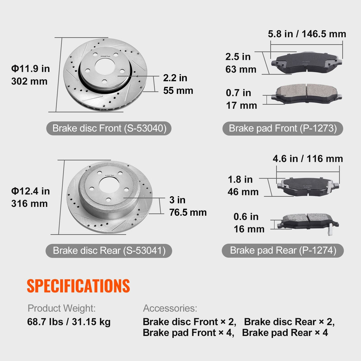 Front and Rear Brake Kit Compatible with 2007-2017 Jeep Wrangler, Drilled and Slotted Brake Rotors Ceramic Brake Pads Replacement, 11.9" Front Rotors 12.4" Rear Rotors