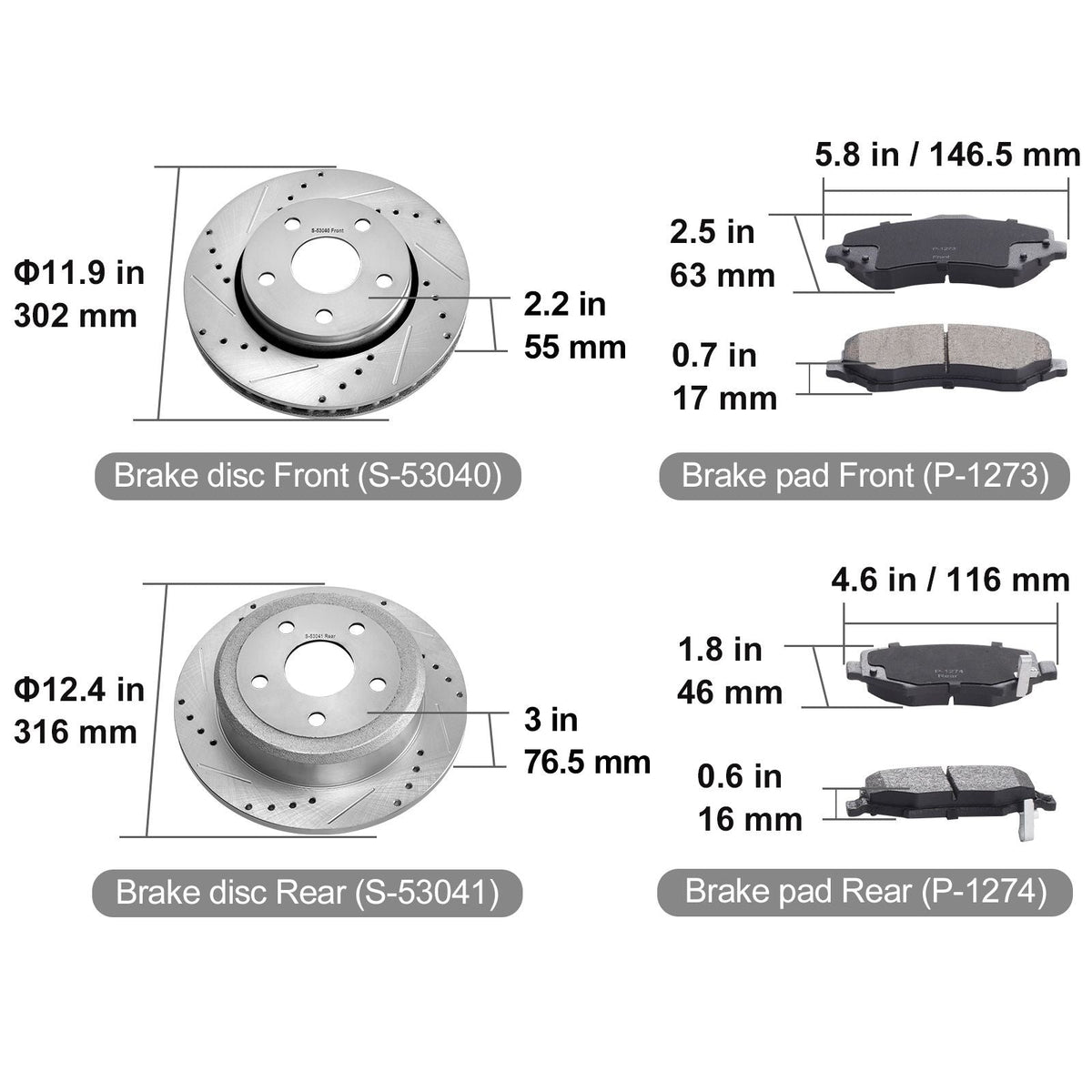 Front and Rear Brake Kit Compatible with 2007-2017 Jeep Wrangler, Drilled and Slotted Brake Rotors Ceramic Brake Pads Replacement, 11.9" Front Rotors 12.4" Rear Rotors