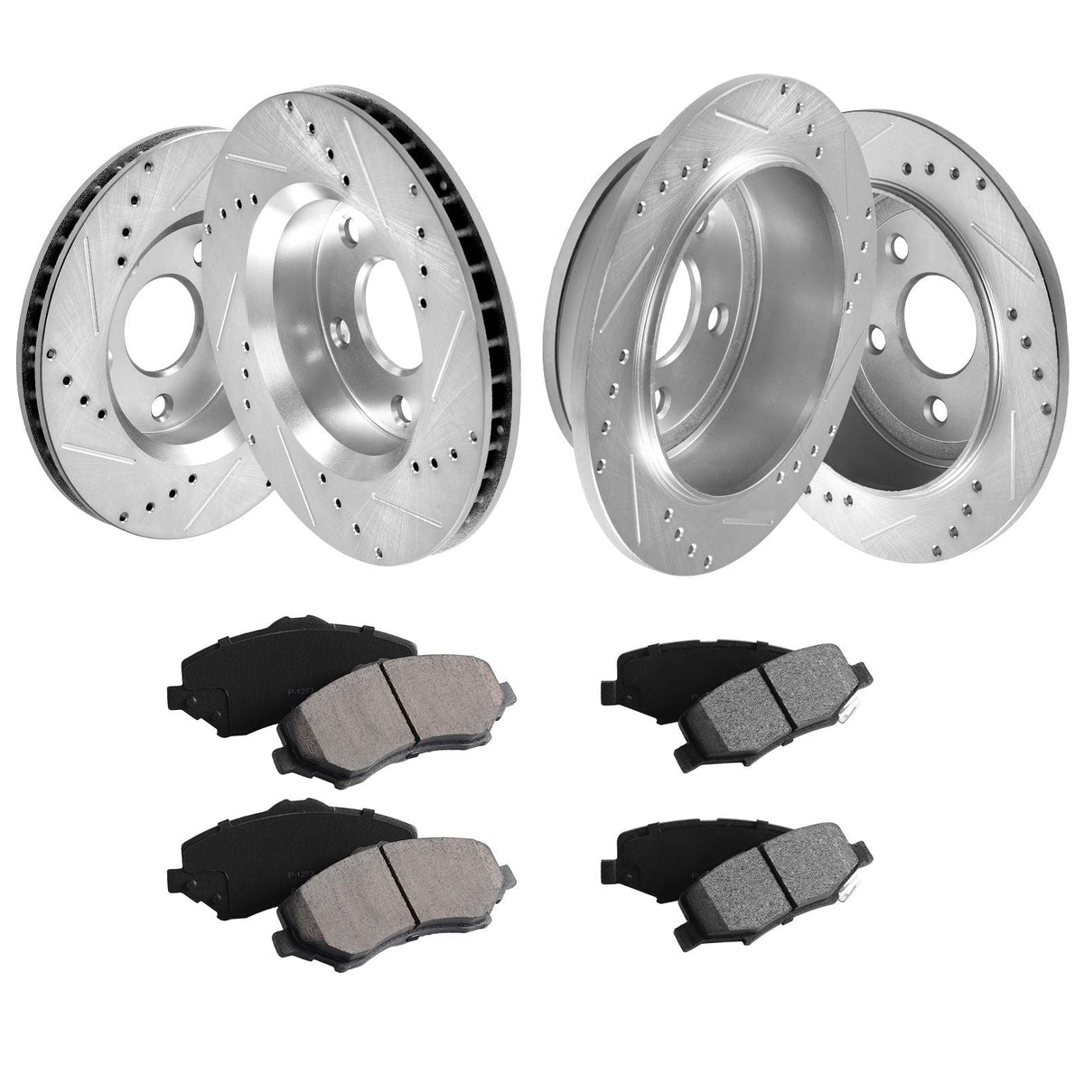 Front and Rear Brake Kit Compatible with 2007-2017 Jeep Wrangler, Drilled and Slotted Brake Rotors Ceramic Brake Pads Replacement, 11.9" Front Rotors 12.4" Rear Rotors