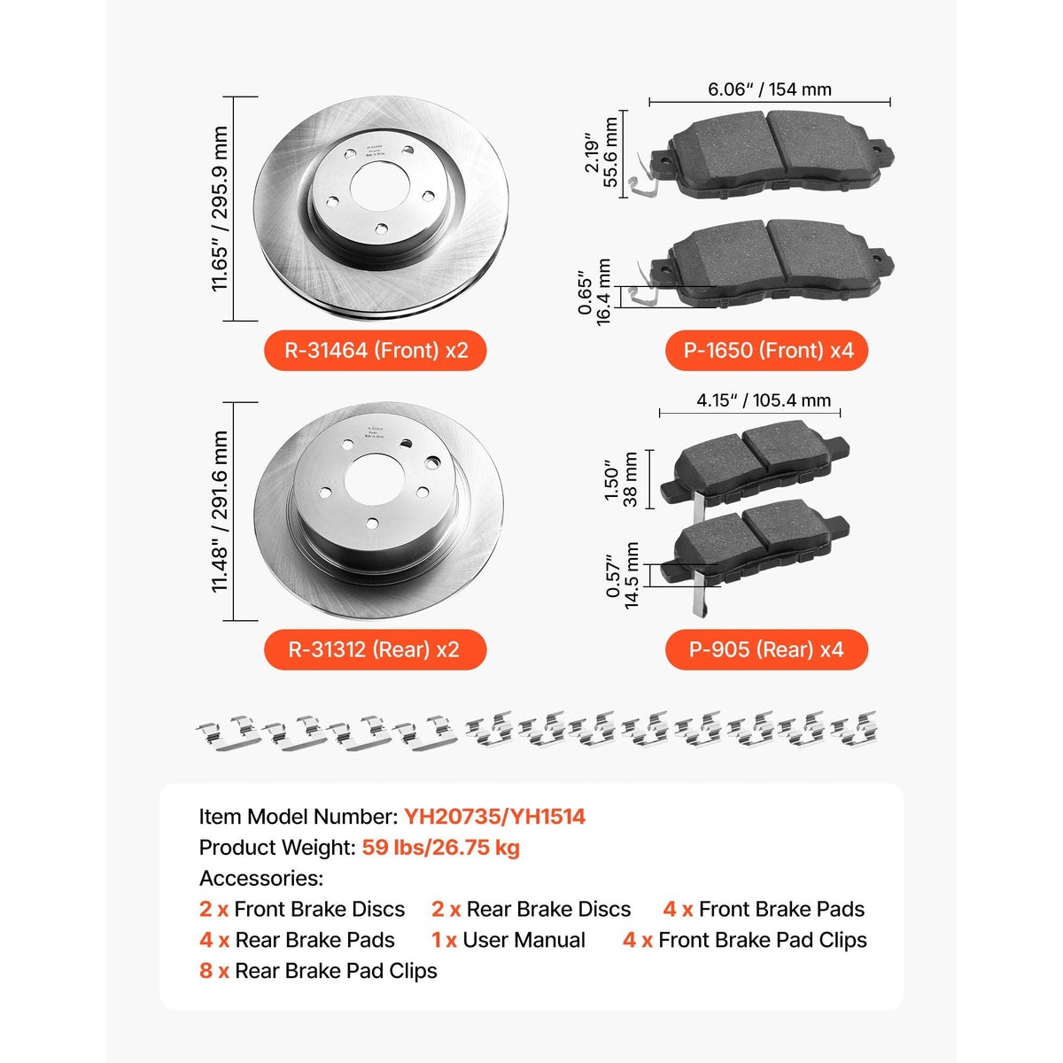 Front and Rear Brake Kit Compatible with 2013 Nissan Altima (Base, SL, SV & S Sedan), 2014-2018 Nissan Altima, 2019-2023 Nissan Altima (with Manual Parking Brake), Hollow Structure Front Rotors