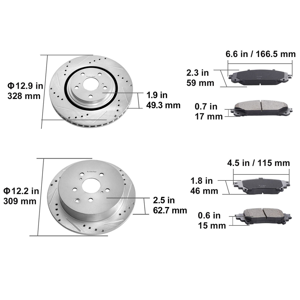Front and Rear Brake Kit Compatible with Toyota Sienna, Highlander, Lexus RX350, RX450h, Drilled and Slotted Brake Rotors Ceramic Brake Pads Replacement, 12.9" Front Rotors 12.2" Rear Rotors