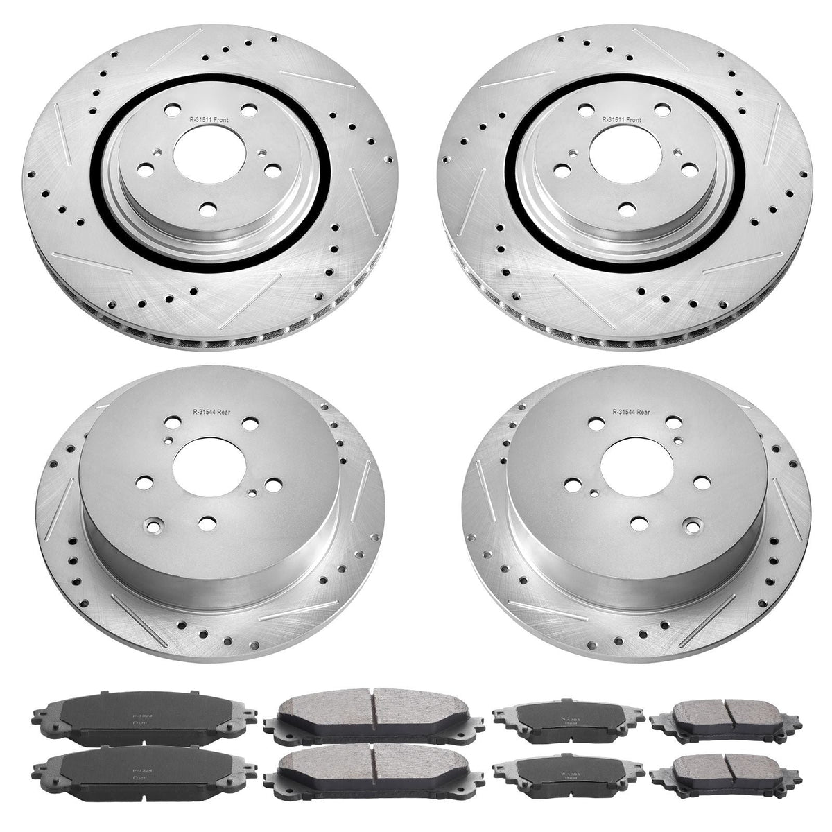Front and Rear Brake Kit Compatible with Toyota Sienna, Highlander, Lexus RX350, RX450h, Drilled and Slotted Brake Rotors Ceramic Brake Pads Replacement, 12.9" Front Rotors 12.2" Rear Rotors