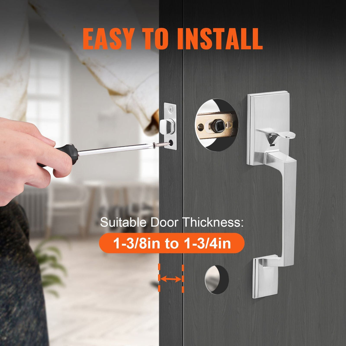 Front Door Handle, Square Entry Handle Set with Lever, No Lock, Adjustable Hole Space, Zinc Alloy Die-Casting, Reversible for Right and Left Handed Entrance and Front Doors, Satin Nickel