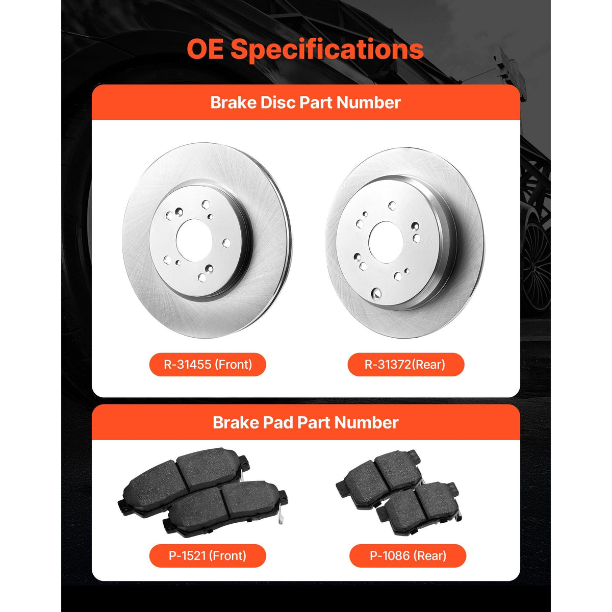 Front & Rear Brake Kit Compatible with 2012-2016 Honda CR-V (AWD Models), Ceramic Brake Replacement Kits, 12 inch Hollow Structure Front Rotors, 12 inch Solid Structure Rear Rotors, R-31455