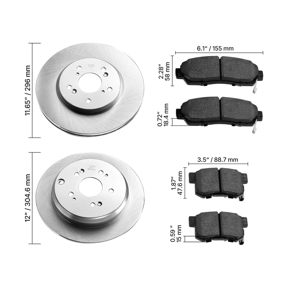 Front & Rear Brake Kit Compatible with 2012-2016 Honda CR-V (AWD Models), Ceramic Brake Replacement Kits, 12 inch Hollow Structure Front Rotors, 12 inch Solid Structure Rear Rotors, R-31455