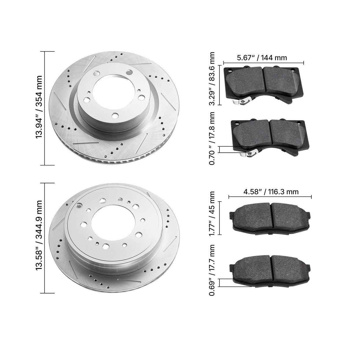 Front & Rear Ceramic Brake Kit Compatible with 2016-2021 Lexus LX570, 2016-2021 Toyota Land Cruiser, Drilled and Slotted Brake Rotors Ceramic Brake Pads Replacement Kit, 14 inch Front Rotors