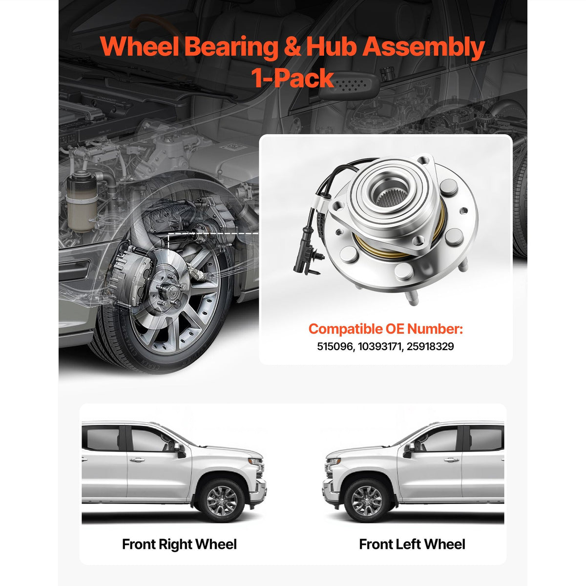 Front Wheel Bearing & Hub Assembly Fit for 2007-2013 Chevy Silverado 1500 4WD Avalanche GMC Sierra 1500 Cadillac Escalade EXT 2007-2014 Tahoe OEM 515096, Wheel Bearing Hub Set with ABS Sensor