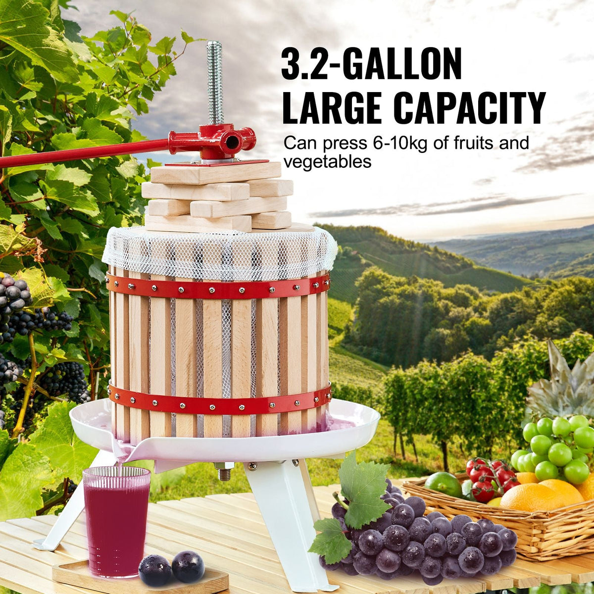 Fruit Wine Press, 2.98 Gal/11.3L, Solid Wood Basket with 6 Blocks, Manual Juice Maker, Cider Apple Grape Tincture Vegetables Honey Olive Oil Making Press with Pole Handle Bar for Kitchen, Home