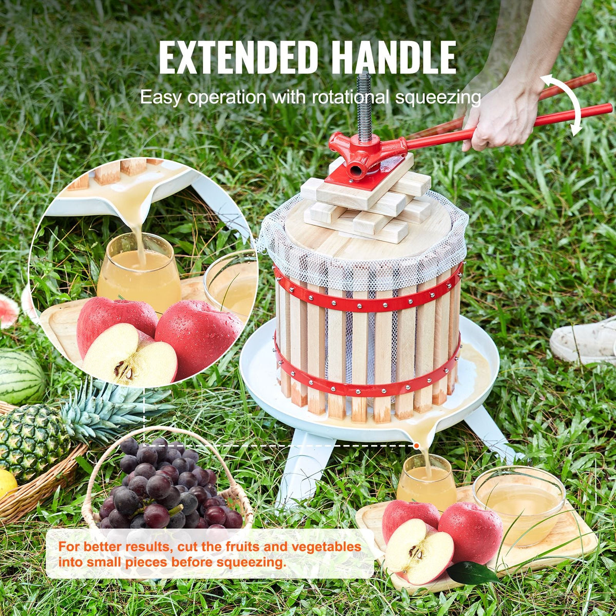 Fruit Wine Press, 2.98 Gal/11.3L, Solid Wood Basket with 6 Blocks, Manual Juice Maker, Cider Apple Grape Tincture Vegetables Honey Olive Oil Making Press with Pole Handle Bar for Kitchen, Home