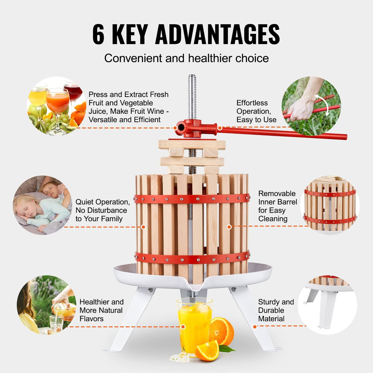 Fruit Wine Press, 2.98 Gal/11.3L, Solid Wood Basket with 6 Blocks, Manual Juice Maker, Cider Apple Grape Tincture Vegetables Honey Olive Oil Making Press with Pole Handle Bar for Kitchen, Home