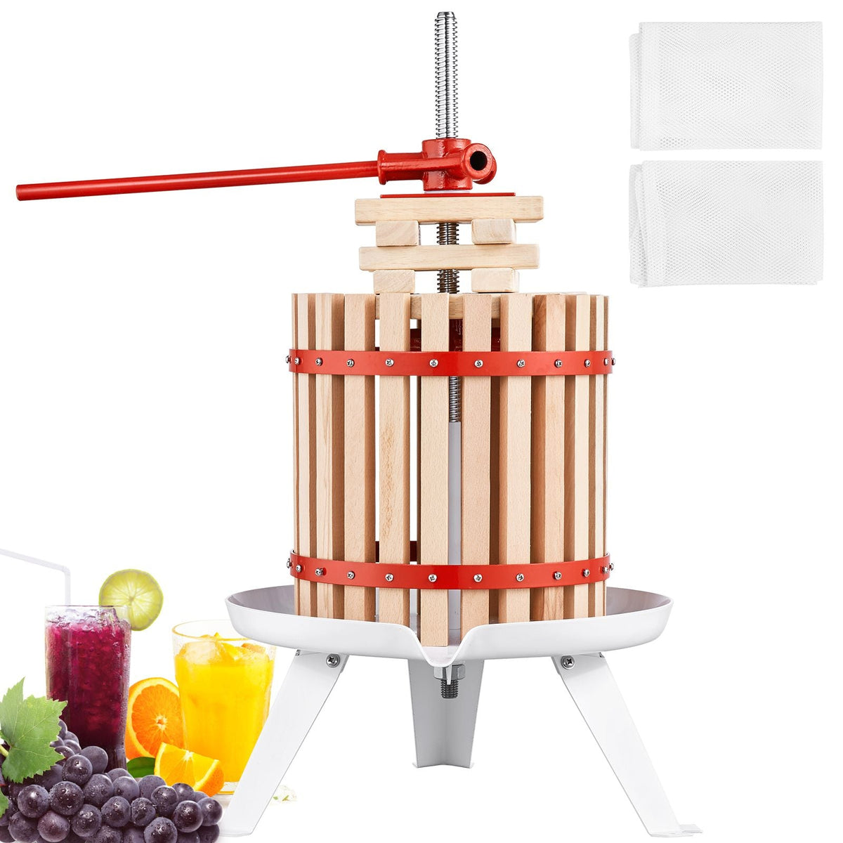 Fruit Wine Press, 2.98 Gal/11.3L, Solid Wood Basket with 6 Blocks, Manual Juice Maker, Cider Apple Grape Tincture Vegetables Honey Olive Oil Making Press with Pole Handle Bar for Kitchen, Home