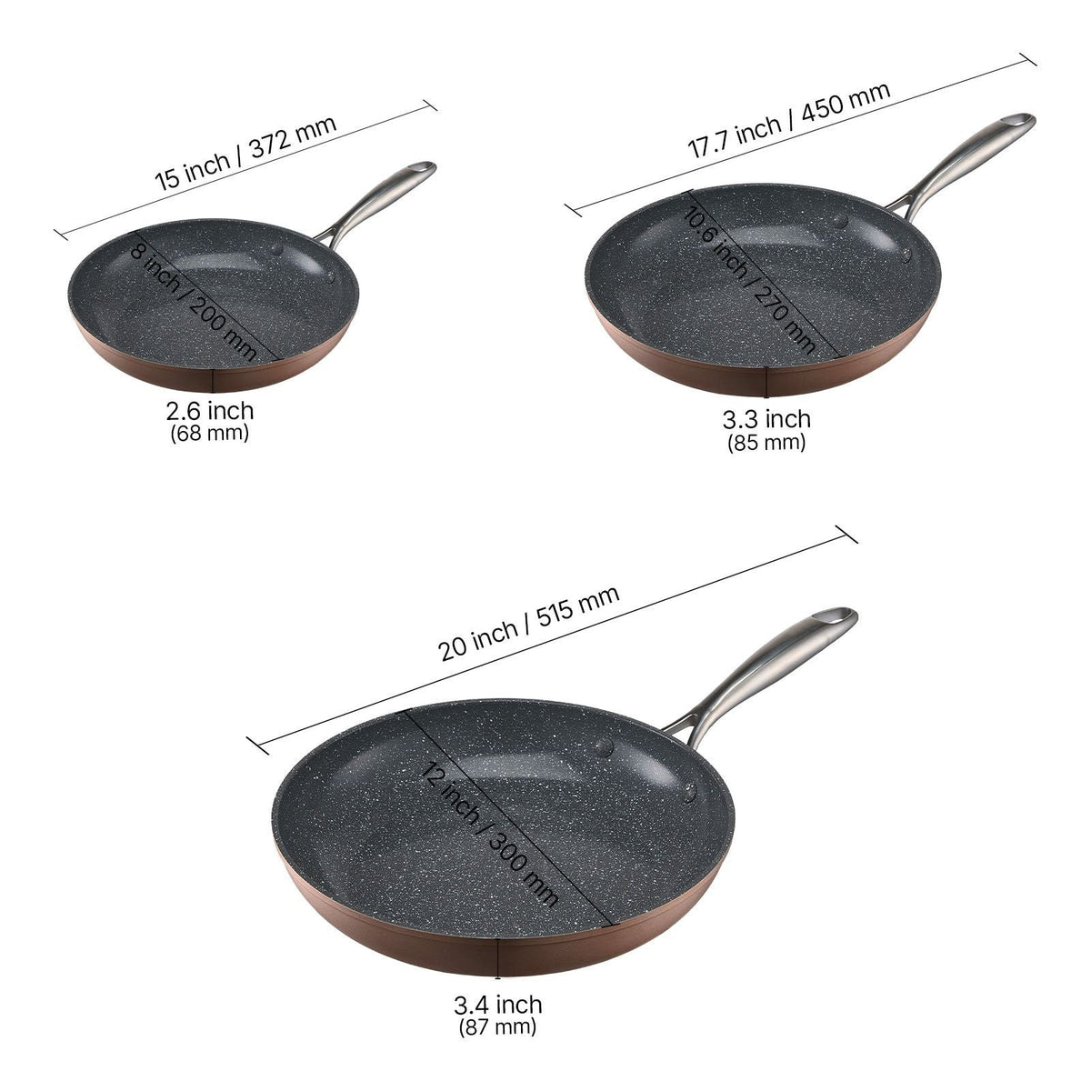 Frying Pan Skillet, Aluminum Egg Fry Pans, 3 Piece (8, 10, 12 in), Nonsitck Ceramic Heavy-Duty Skillets with Heat-Resistant Handle, Chef's Cookware, for Oven, Gas, Electric, Induction, Grey
