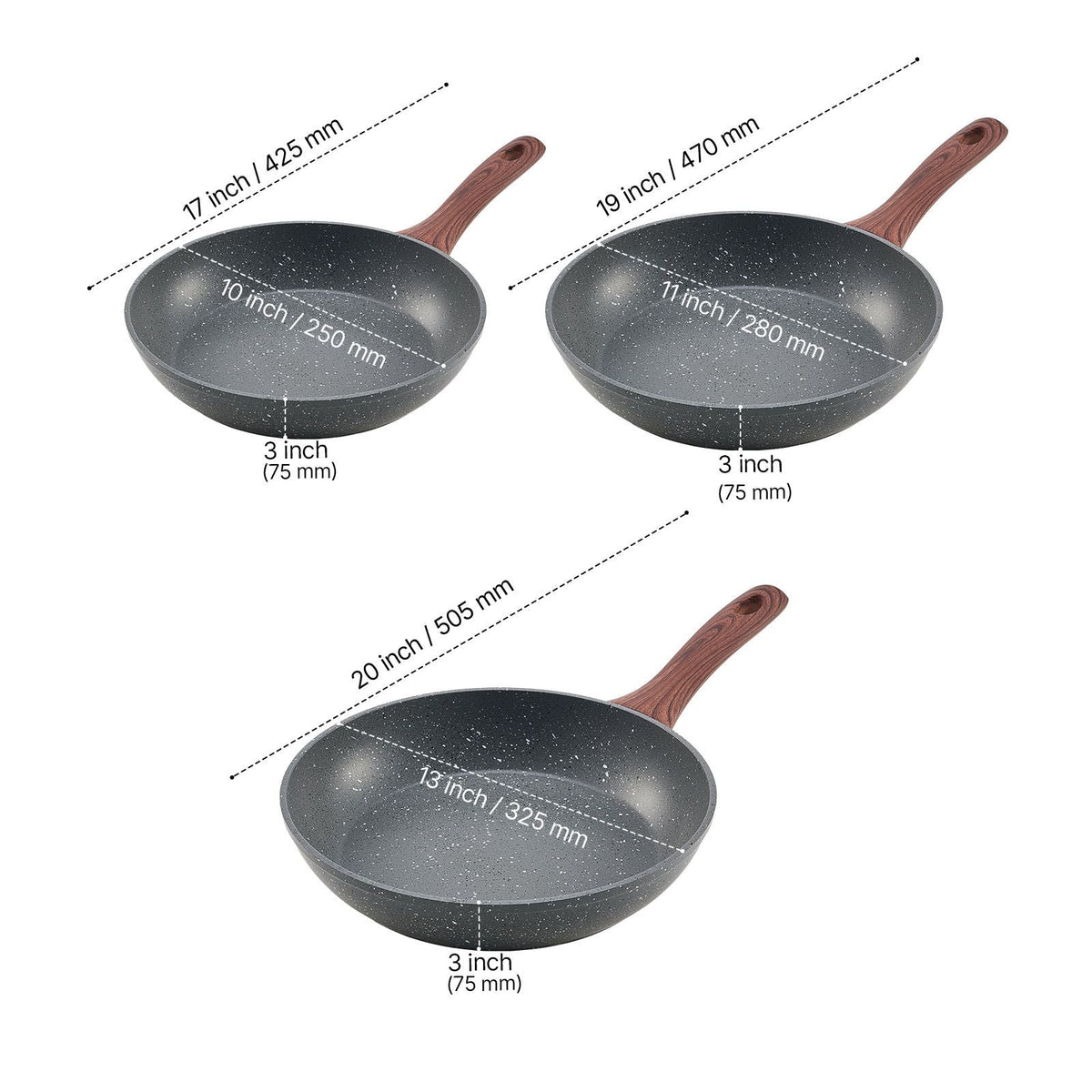 Frying Pan Skillet, Aluminum Egg Fry Pans, 3 Piece Set (9.5, 11, 12 in), Nonsitck Heavy-Duty Skillets with Heat-Resistant Handle, Chef's Kitchen Cookware, for Gas, Electric, Induction, Grey