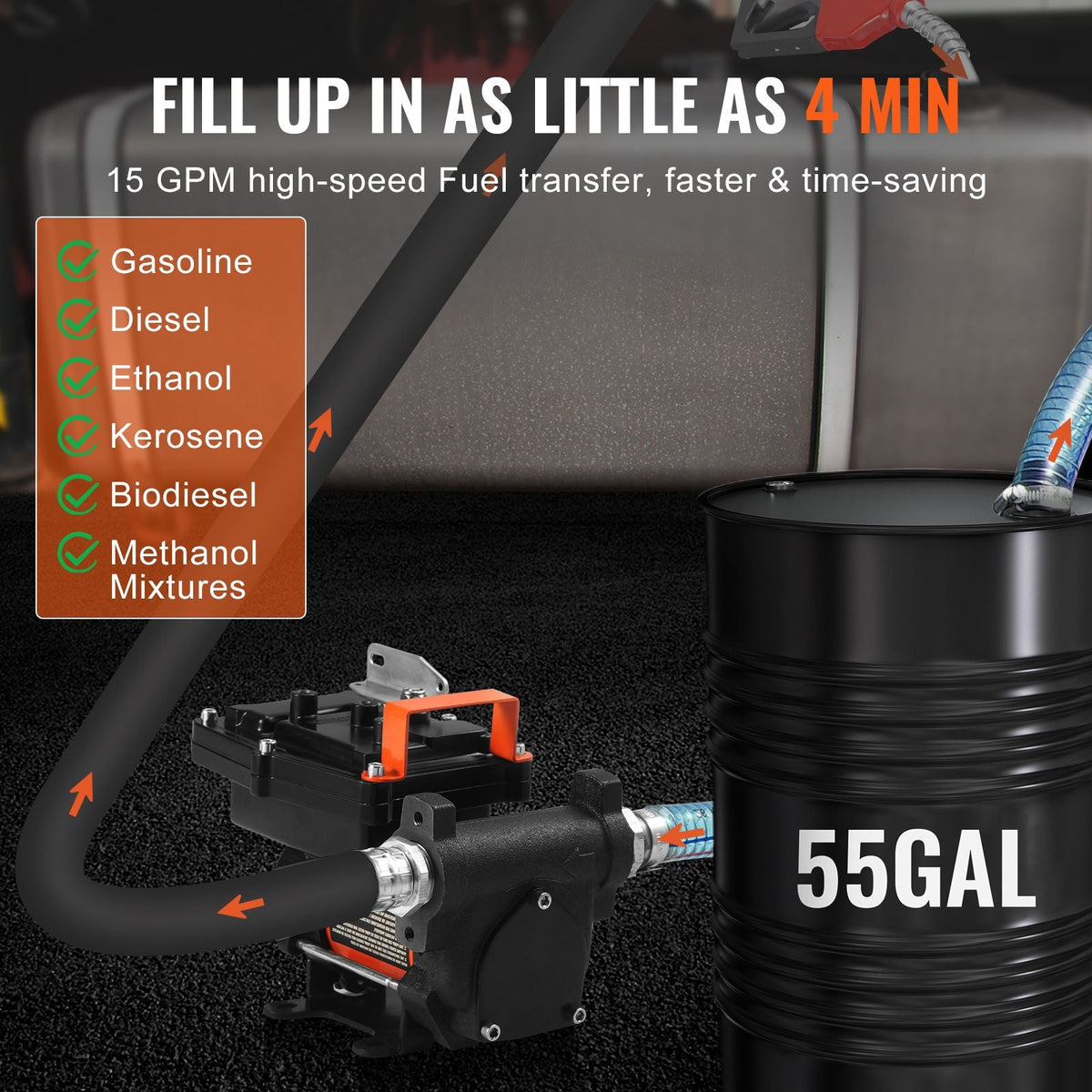 Fuel Transfer Pump, 12V DC 15 GPM 1/4 HP, Portable Electric Diesel Transfer Pump with Auto Shut-Off Fuel Nozzle, Long Inlet & Outlet Hose for Gasoline, Diesel, Kerosene, Methanol Blends