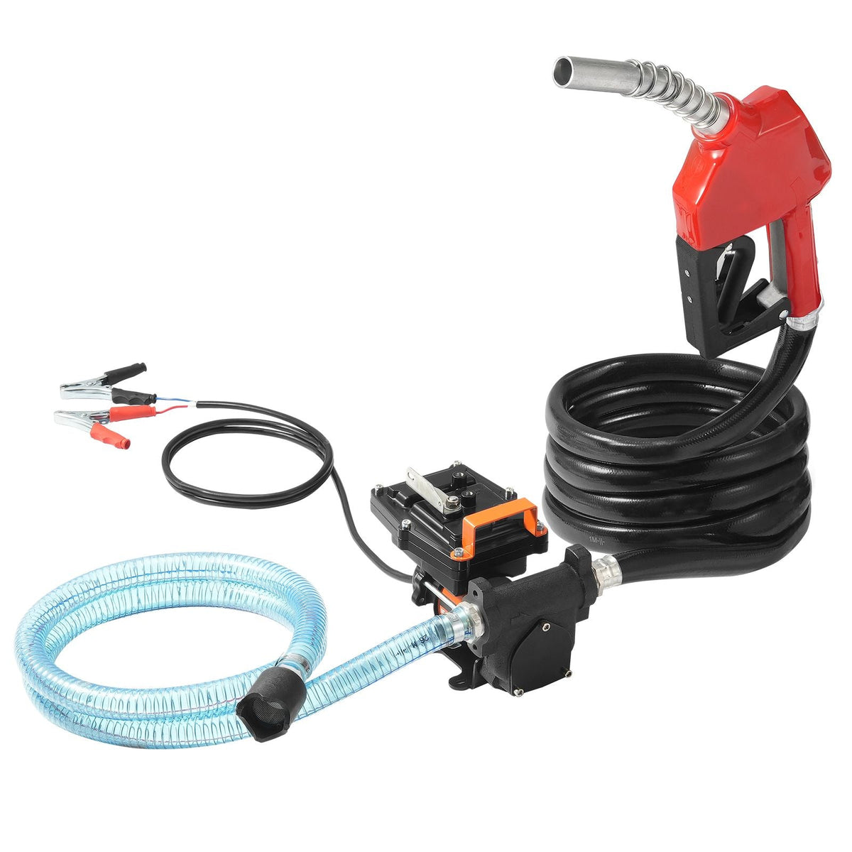Fuel Transfer Pump, 12V DC 15 GPM 1/4 HP, Portable Electric Diesel Transfer Pump with Auto Shut-Off Fuel Nozzle, Long Inlet & Outlet Hose for Gasoline, Diesel, Kerosene, Methanol Blends