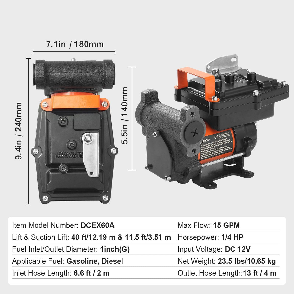 Fuel Transfer Pump, 12V DC 15 GPM 1/4 HP, Portable Electric Diesel Transfer Pump with Auto Shut-Off Fuel Nozzle, Long Inlet & Outlet Hose for Gasoline, Diesel, Kerosene, Methanol Blends