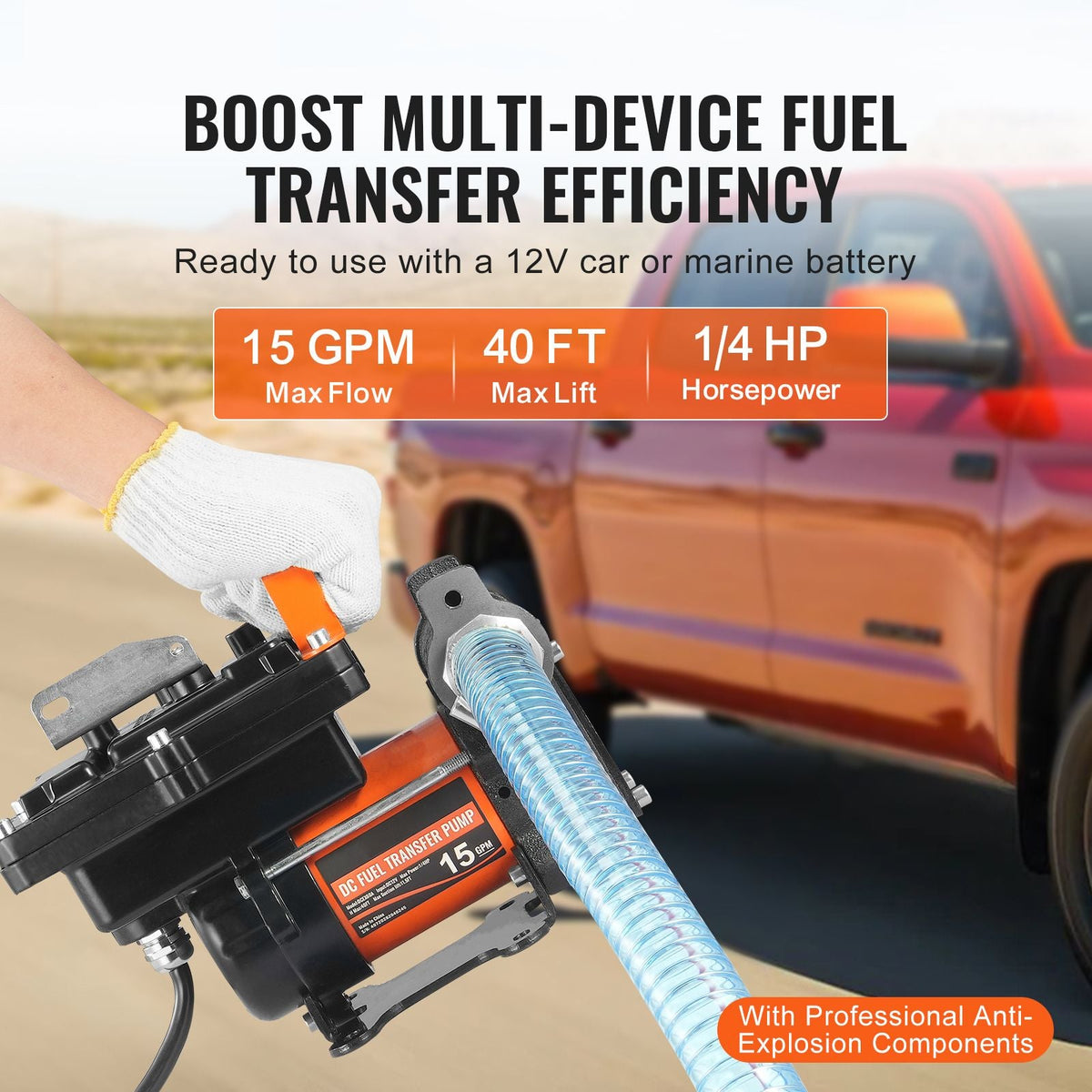 Fuel Transfer Pump, 12V DC 15 GPM 1/4 HP, Portable Electric Diesel Transfer Pump with Auto Shut-Off Fuel Nozzle, Long Inlet & Outlet Hose for Gasoline, Diesel, Kerosene, Methanol Blends